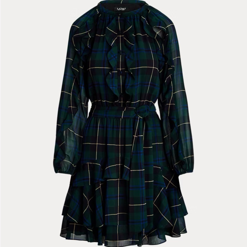 Ralph Lauren Dark Green Plaid Long Sleeve Georgette dress NWT - Picture 4 of 9